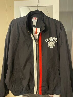 Champion Black Windbreaker with Red & White Center Stripes